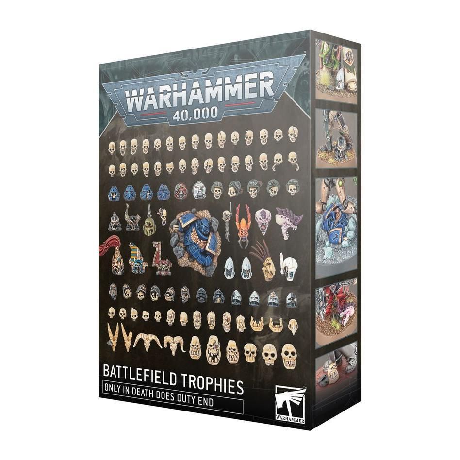 Warhammer 40000 Battlefield Trophies box showcasing various helmeted heads and skull components.