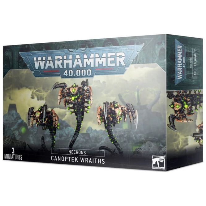 Box of Canoptek Wraiths Necrons miniatures with 3 models and 50mm round bases.