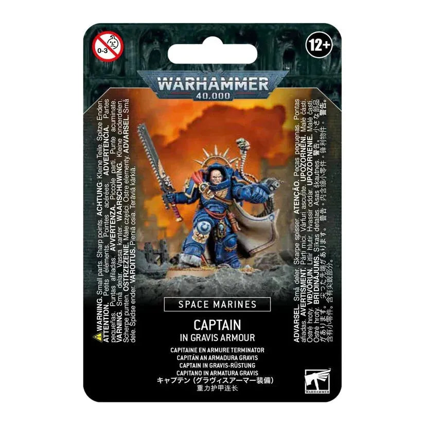 Captain in Gravis Armour Space Marine miniature kit with accessories and base.