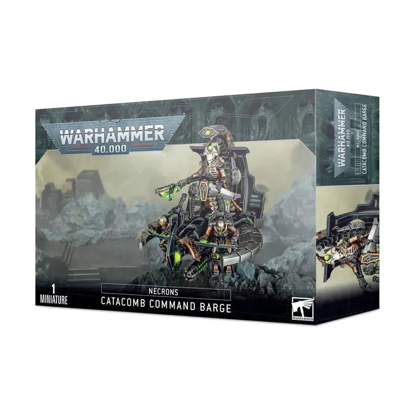 Catacomb Command Barge Necrons model kit packaging with flying bases and components.