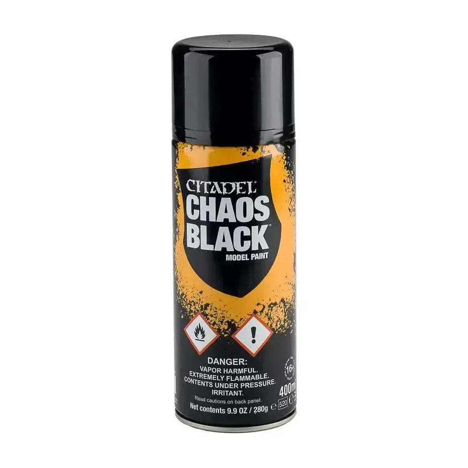 Citadel Chaos Black Spray Paint can, 400ml, model paint.