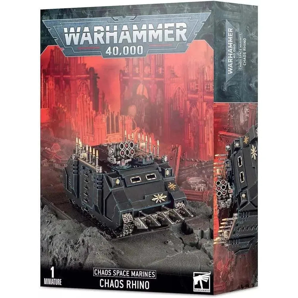 Warhammer 40000 Chaos Space Marines Chaos Rhino model kit with icons and armor options.