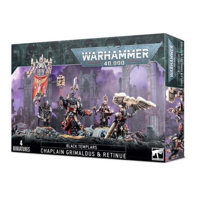 Grimaldus & Retinue Black Templars model kit box featuring Chaplain Grimaldus and Cenobyte Servitors.