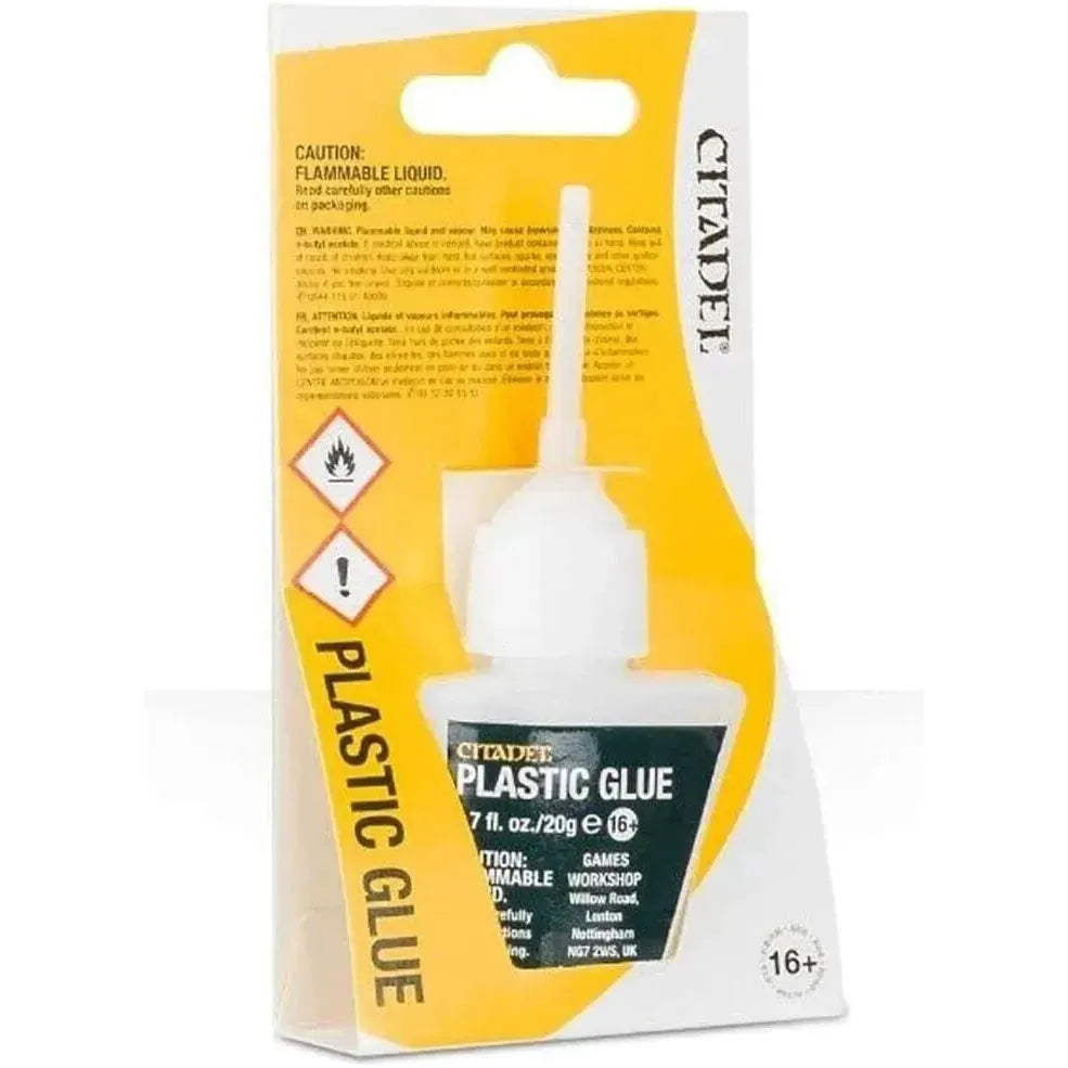 Citadel Plastic Glue 0.7 FL OZ packaging with yellow and white design.