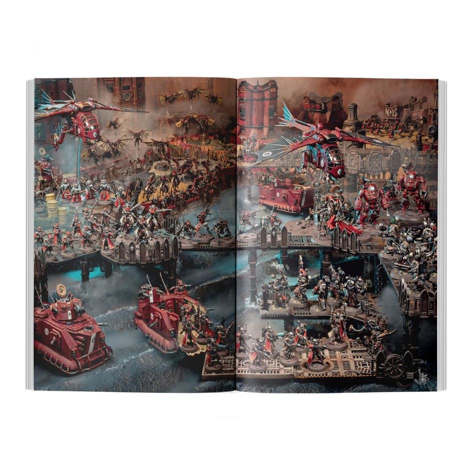 Warhammer 40000 Codex: Adeptus Mechanicus book showcasing detailed miniature battle scenes.