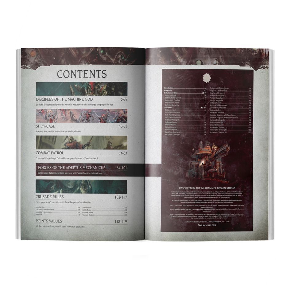 Warhammer 40000 Codex Adeptus Mechanicus open book showing detailed contents and illustrations.