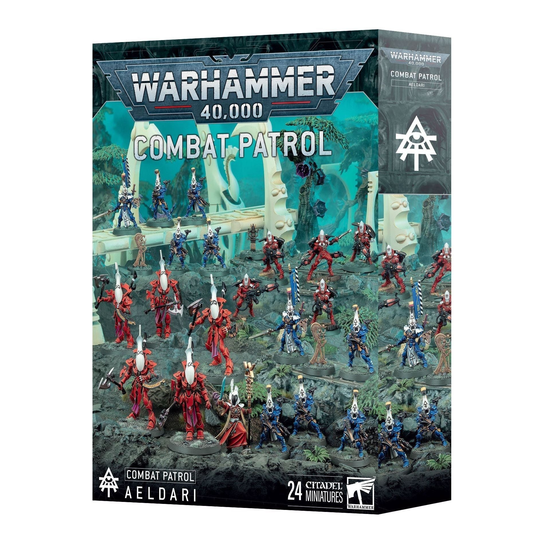 Warhammer 40,000 Combat Patrol: Aeldari miniatures box, pre-order for March 15, 2025 release.