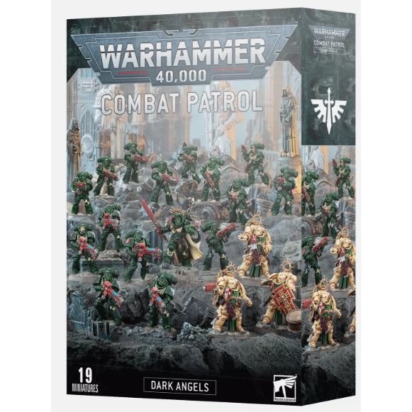 Warhammer 40000 Combat Patrol Dark Angels box set with Primaris Chaplain and Intercessors.