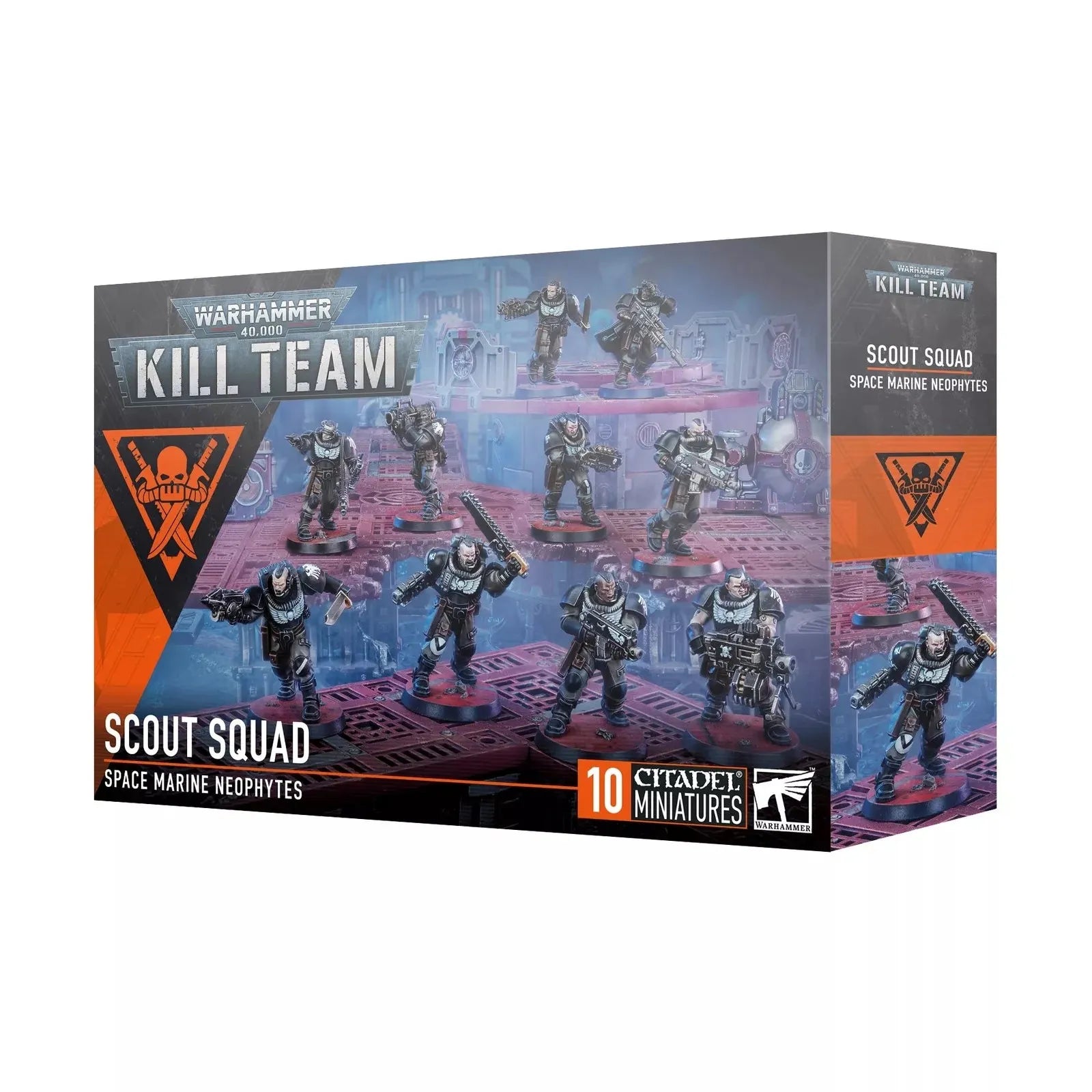 Warhammer 40000 Kill Team Scout Squad Space Marine Neophytes box set with flexible equipment options and token sheet.