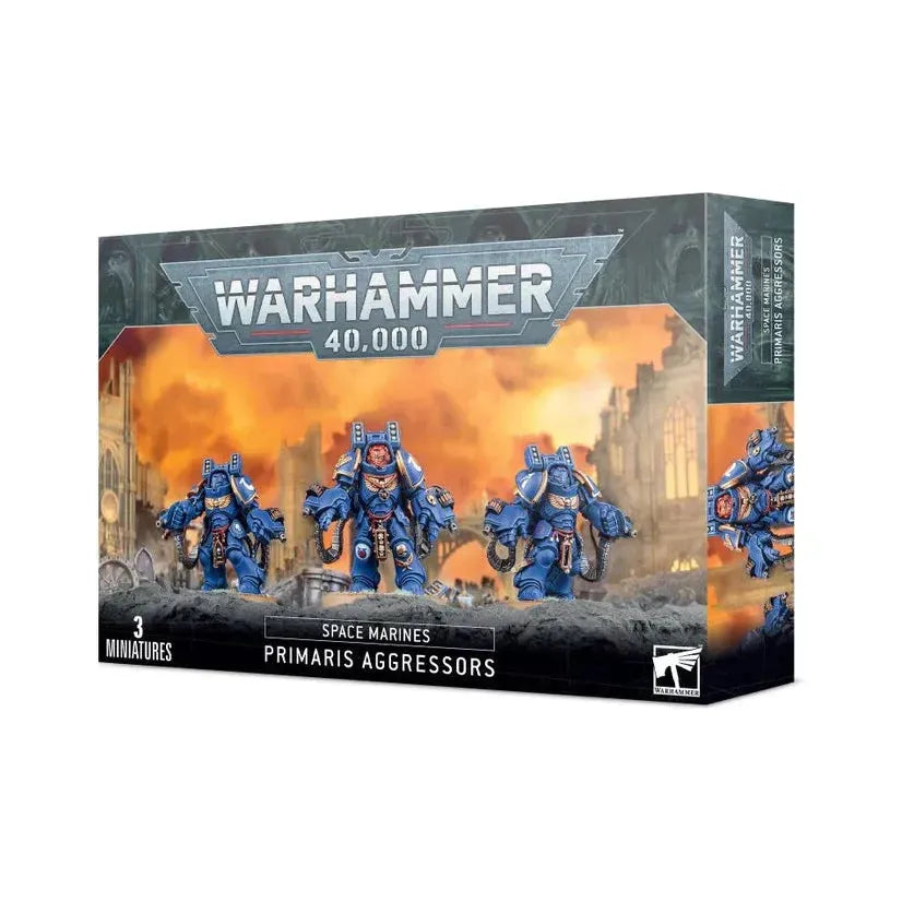 Primaris Aggressors Space Marines box set with 3 miniatures and assembly options.
