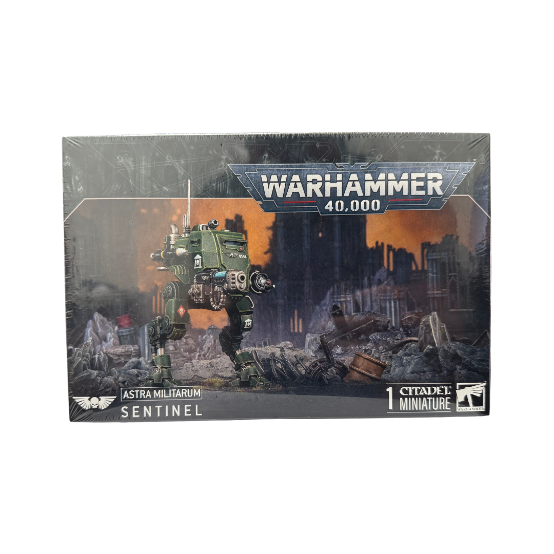 Sentinel Astra Militarum model kit with Scout and Armoured Sentinel options, 91 components, and Vehicle Transfer Sheet.