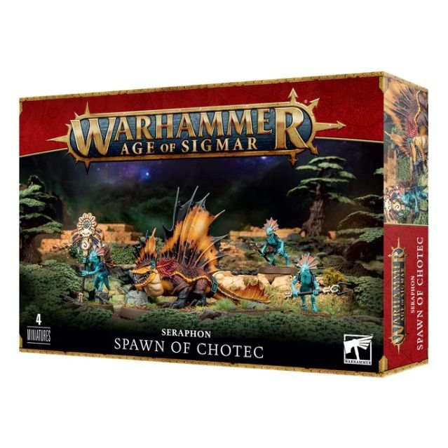 Seraphon: Spawn Of Chotec miniature kit with Sun Acolytes, featuring 43 plastic components and bases.