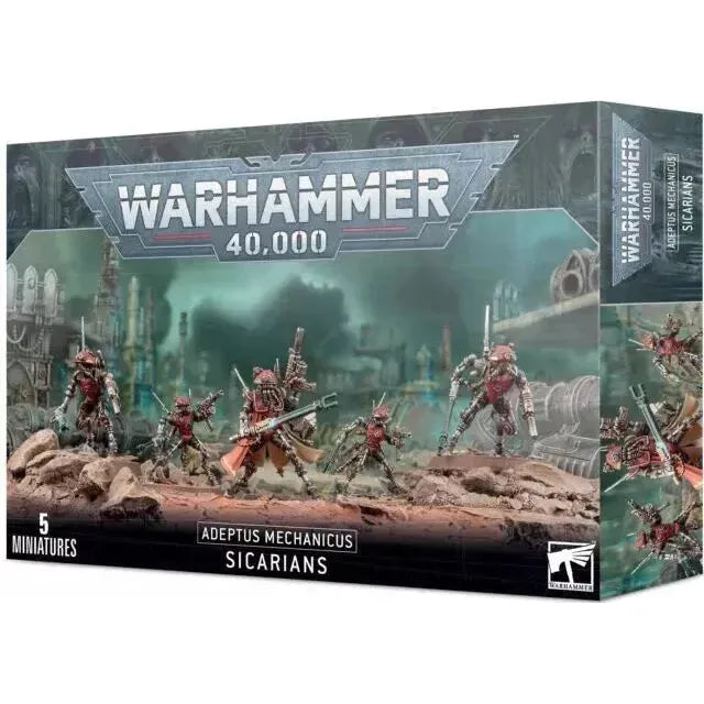 Sicarians Adeptus Mechanicus Warhammer 40K box with 5 Citadel Miniatures.