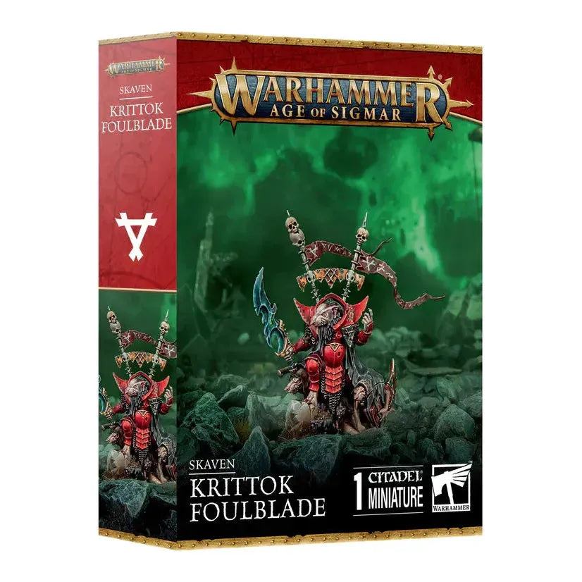 Krittok Foulblade Skaven miniature kit packaging with vibrant artwork.