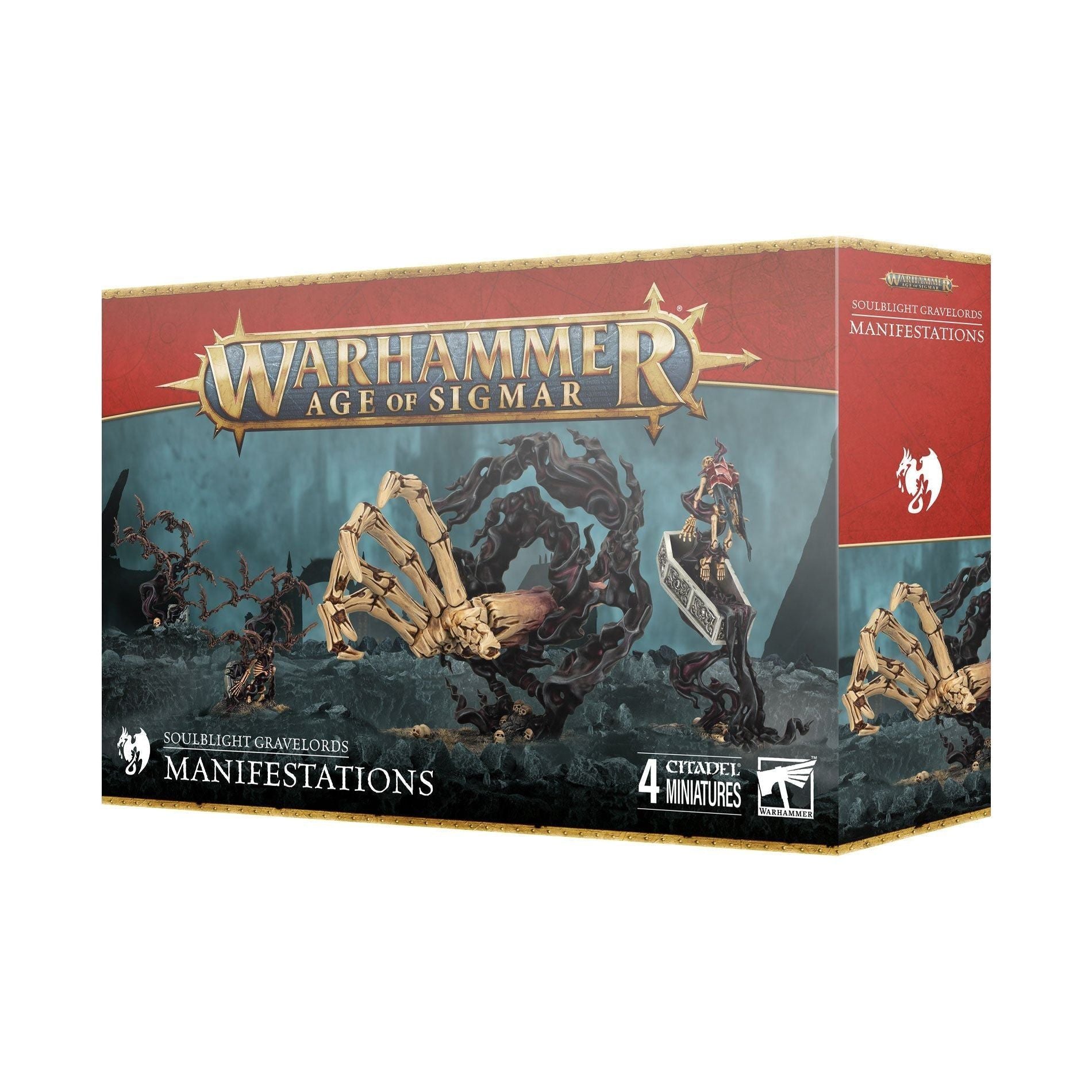 Soulblight Gravelords: Manifestations box set with miniatures for Age of Sigmar, featuring the Hand of Nagash, Unholy Reliquary, and Sanguine Swarm.
