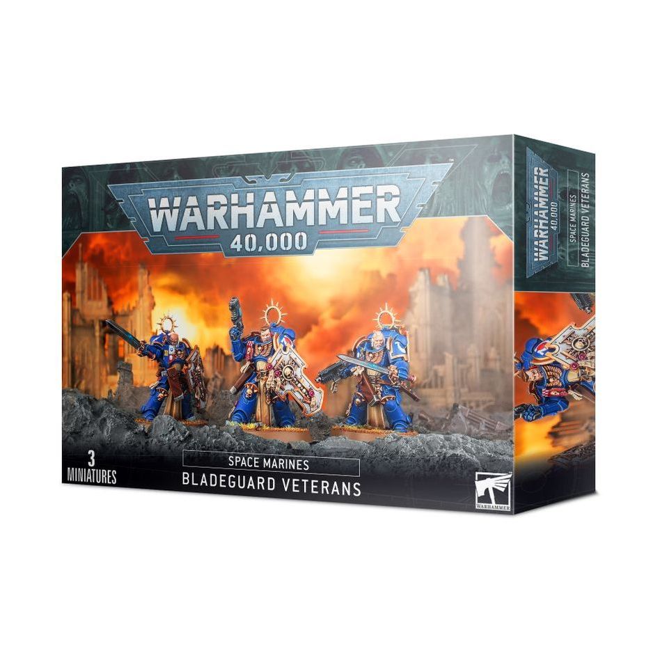 Warhammer 40000 Space Marines Bladeguard Veterans box, includes three miniatures and transfer sheet.