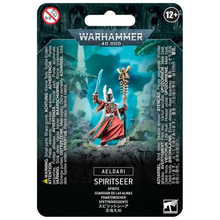 Spiritseer Aeldari miniature with staff on Citadel 25mm Round Base in Warhammer 40,000 packaging.