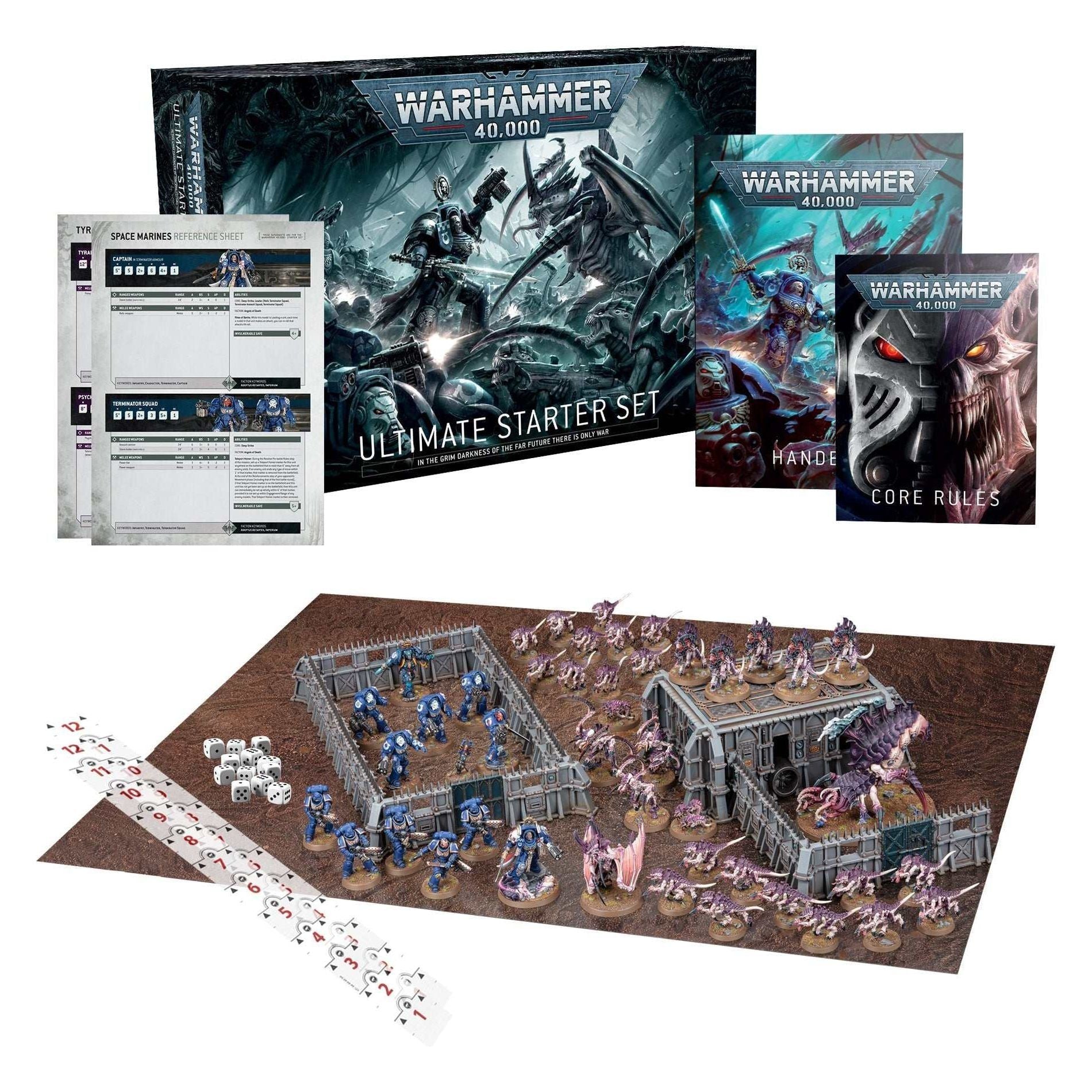 Warhammer 40000 Ultimate Starter Set with handbooks, miniatures, terrain pieces, and gaming accessories.