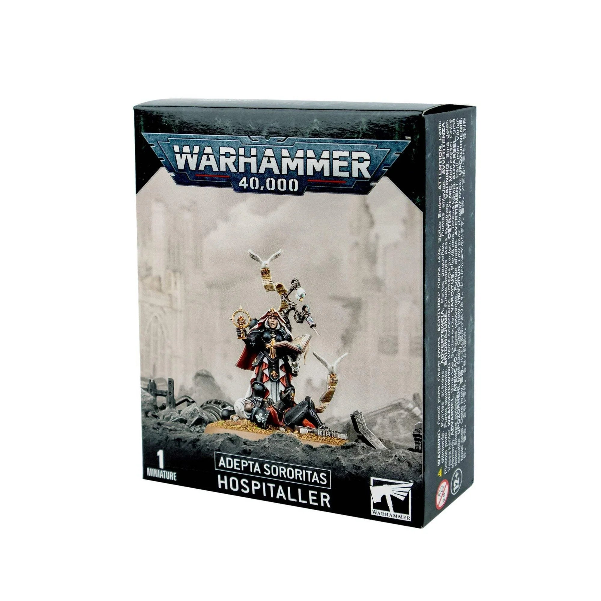 Warhammer 40000 Adepta Sororitas Hospitaller model kit with 26 components and Citadel 50mm Round Base.