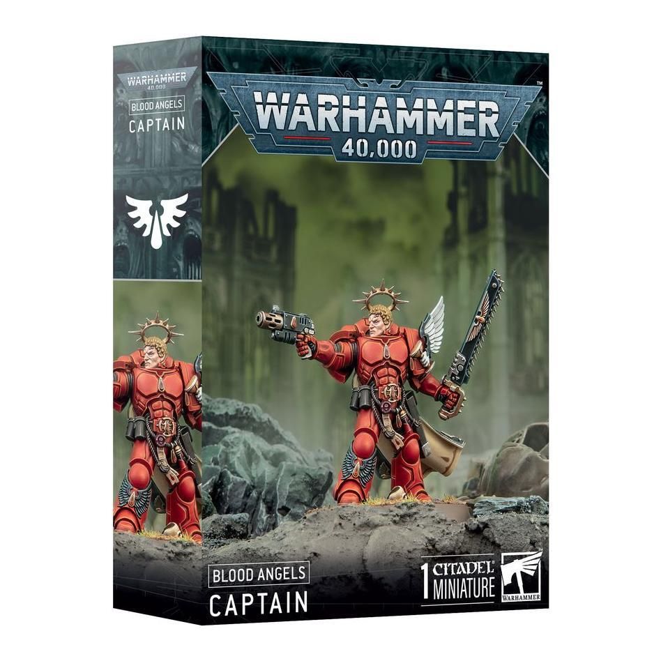 Warhammer 4000 Blood Angels Captain model kit box with 29 plastic components and Citadel base.