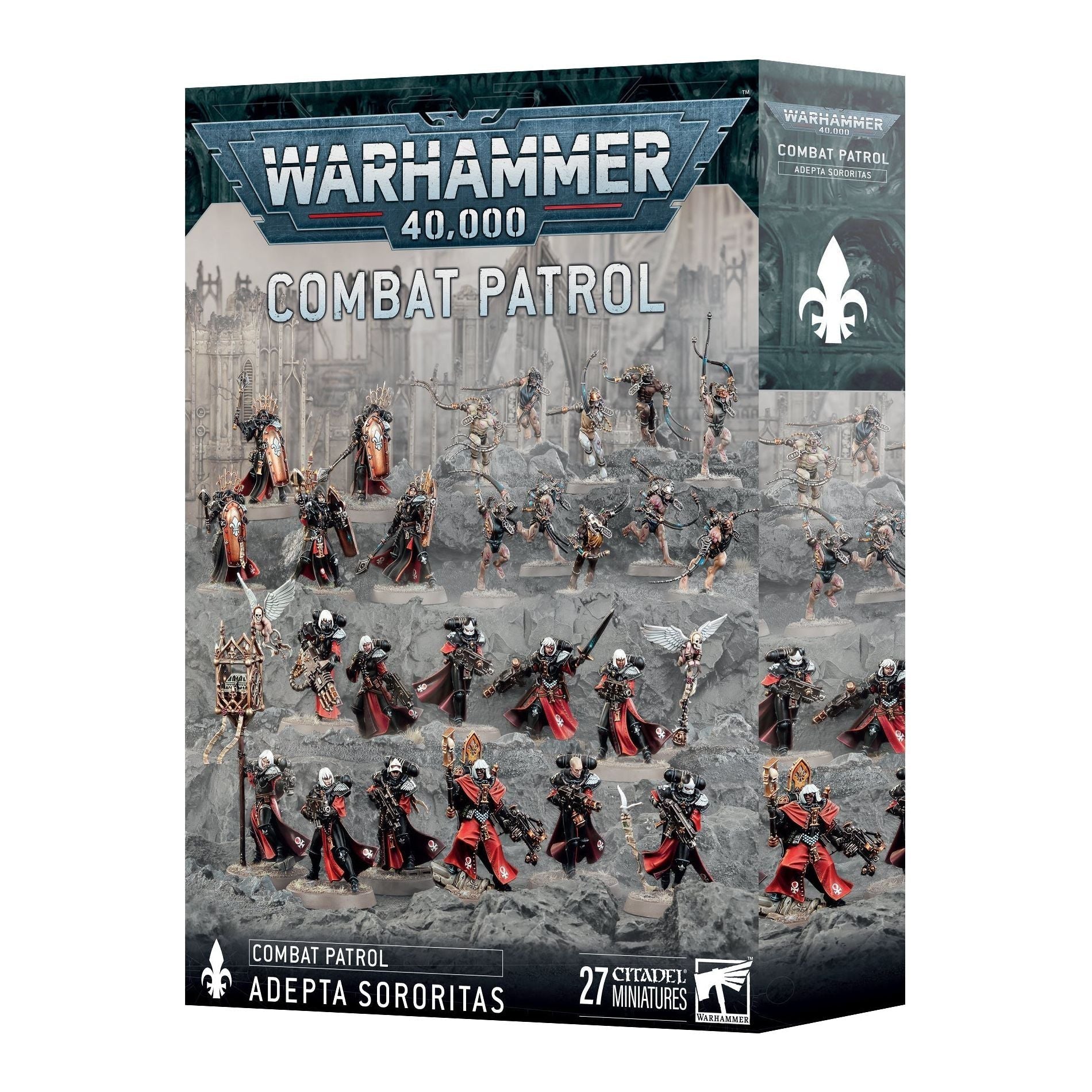 Warhammer 40000 Combat Patrol Adepta Sororitas 2024 Version box with miniatures and transfer sheets.