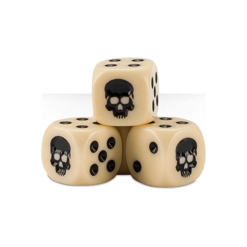 Warhammer 40000 Dice Set Cube Bone with skull icons and embossed lid.