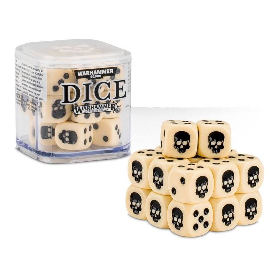 Warhammer 40000 Dice Set Cube Bone with skull icons and embossed skull lid.