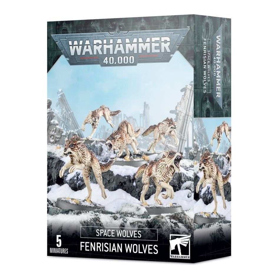 Warhammer 40000 Fenrisian Wolves model kit box with five miniatures.