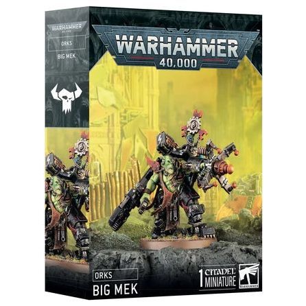Warhammer 40000 Orks Big Mek 2024 model kit with components and base.