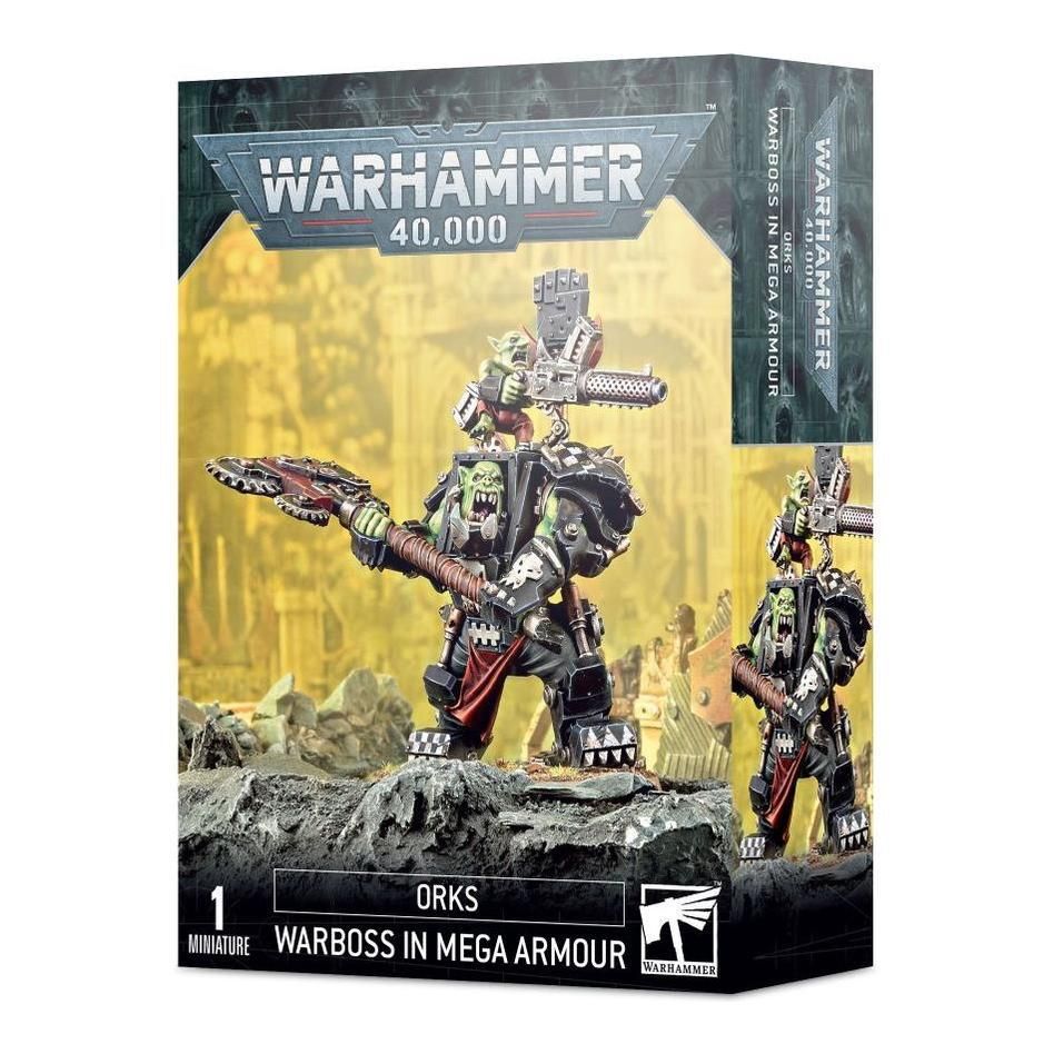 Warhammer 40000 Orks Warboss in Mega Armour model kit box.