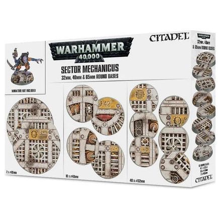 Warhammer 40000 Sector Mechanicus Industrial Bases set with various round bases and accessories.