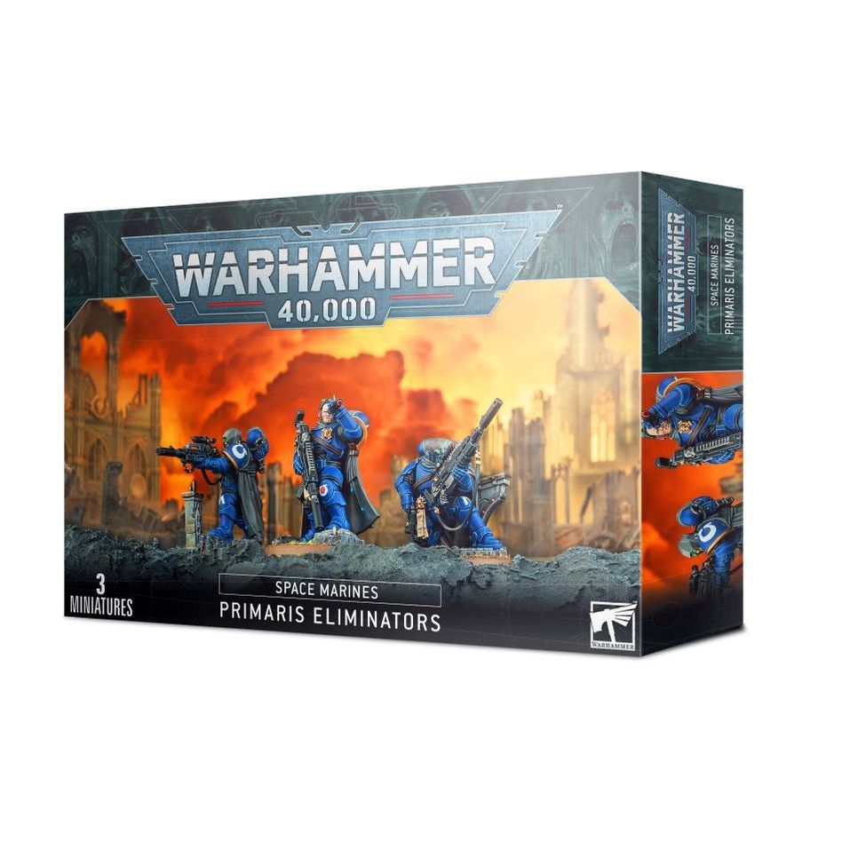 Warhammer 40000 Space Marines Primaris Eliminators box set with three miniatures.
