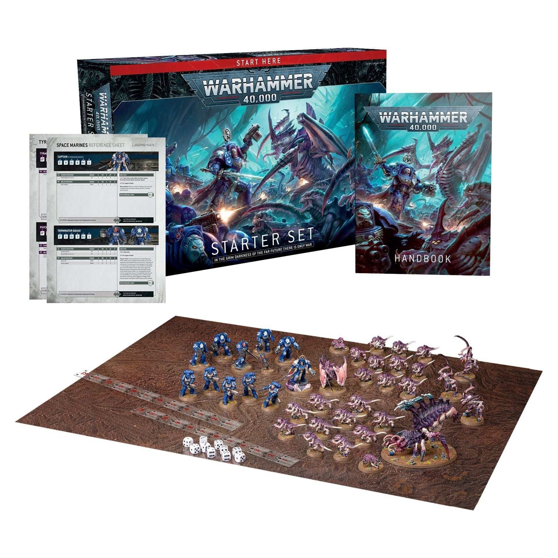 Warhammer 40000: Starter Set with miniatures, handbook, gaming mat, and accessories displayed.