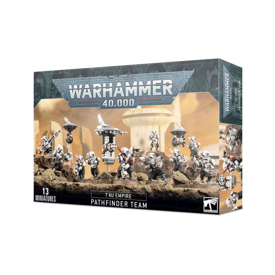 Warhammer 40000 T'au Empire Pathfinder Team box set with miniatures and drones.