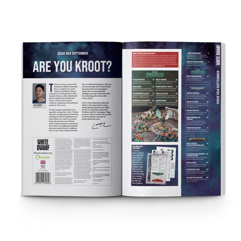 Warhammer 40000 White Dwarf 504 September 2024 magazine pages displaying content about Kroot and mission packs.