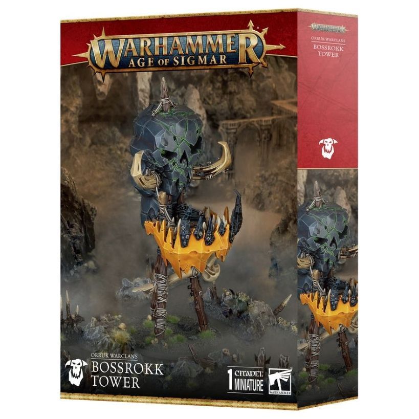 Warhammer Age of Sigmar Orruk Warclans Bossrokk Tower model kit with components and base.