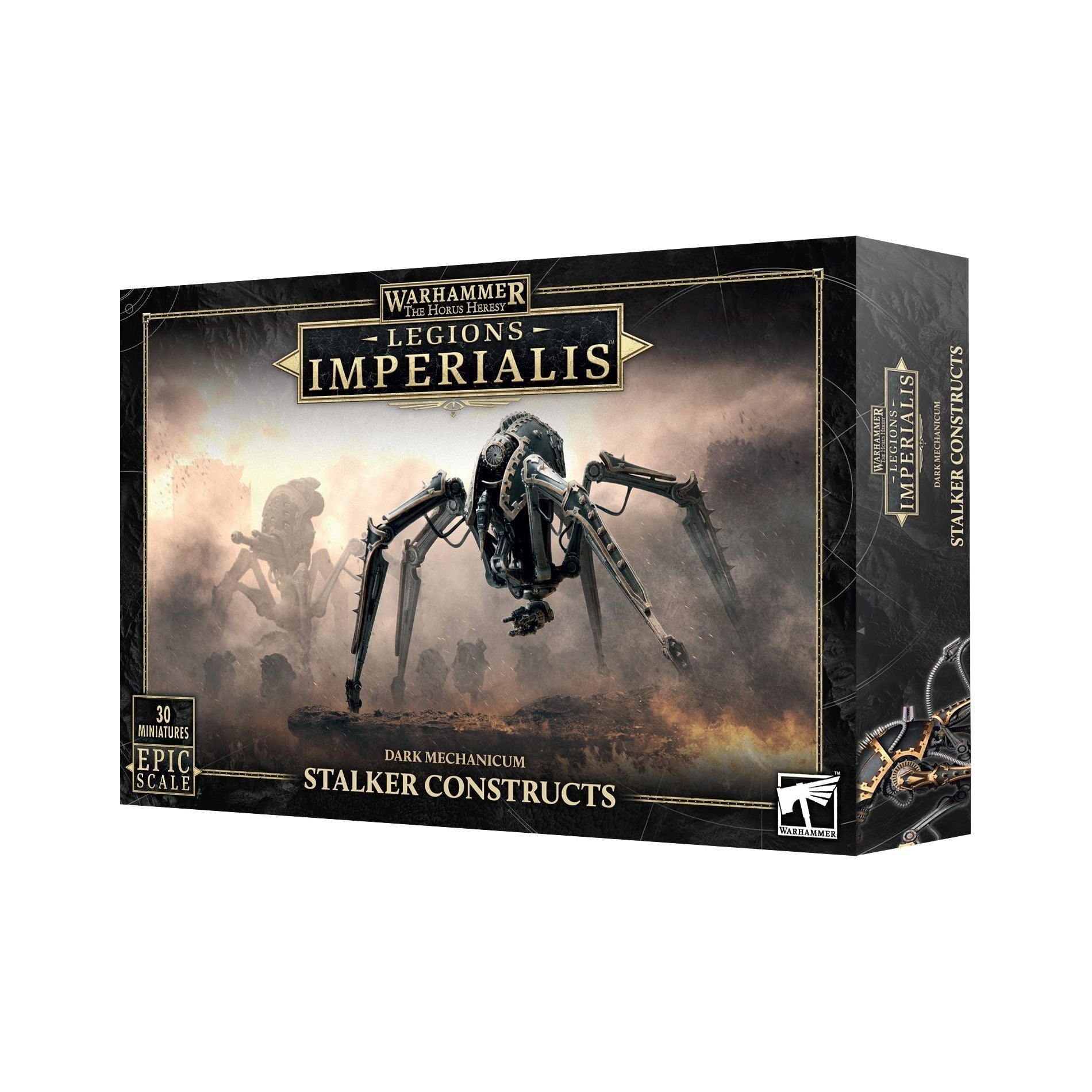 Warhammer: Legions Imperialis Dark Mechanicum Stalker Constructs box with 30 epic scale miniatures.