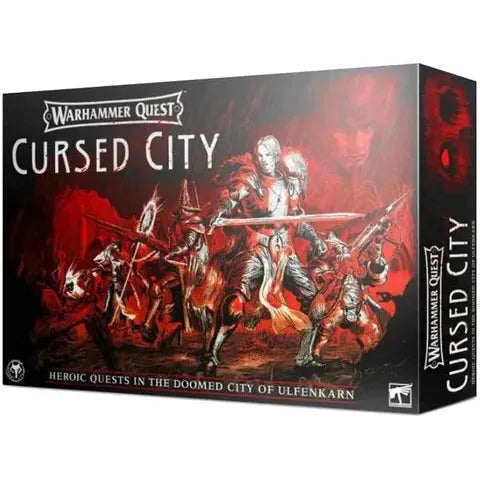 Warhammer Quest: Cursed City box set featuring miniatures and gaming content.