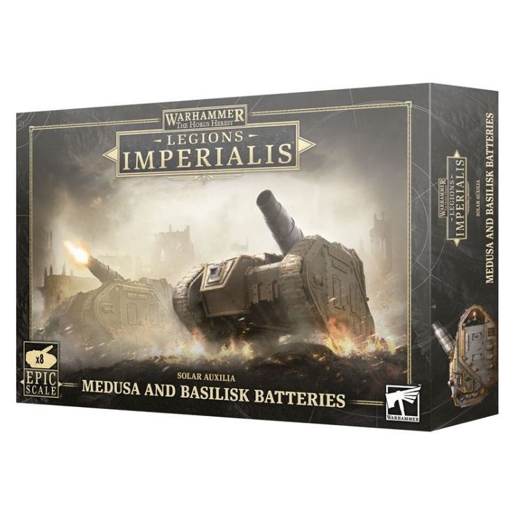 Warhammer The Horus Heresy Solar Auxilia Medusa and Basilisk Batteries kit box featuring epic scale artillery tanks.