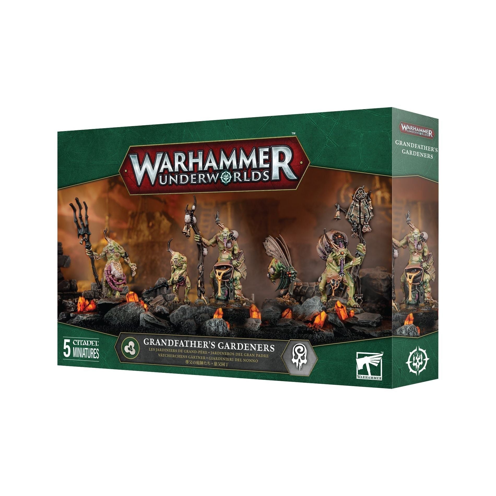 Warhammer Underworlds Grandfather's Gardeners box set with 5 plastic miniatures and cards.