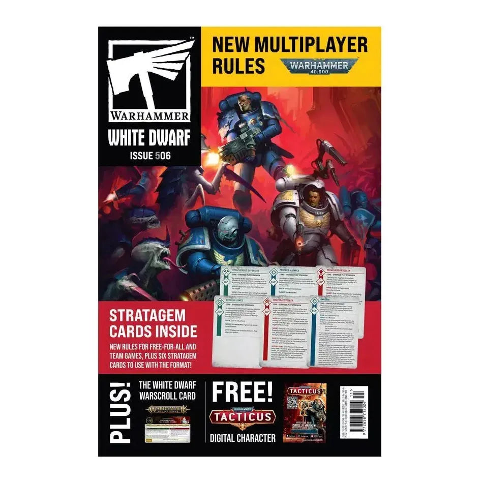 Warhammer White Dwarf 506 cover featuring multiplayer rules for Warhammer 40,000.