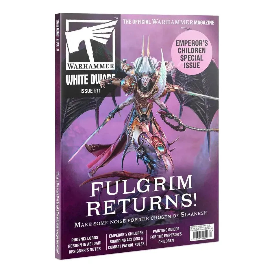White Dwarf Magazine Issue 511 - April 2025 cover featuring Fulgrim Returns and Emperor's Children special.