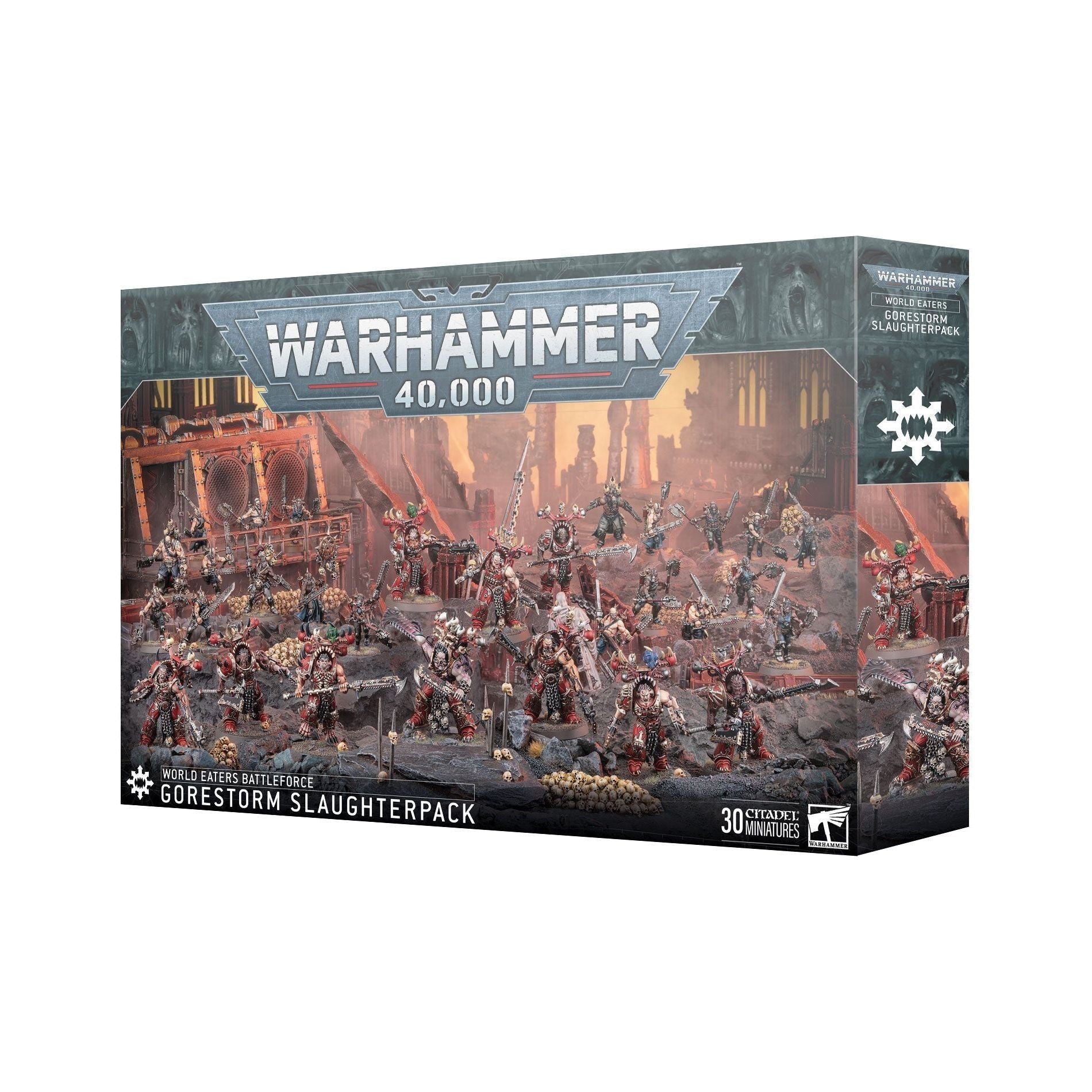 World Eaters: Gorestorm Slaughterpack box set for Warhammer 40,000, featuring 30 miniatures.