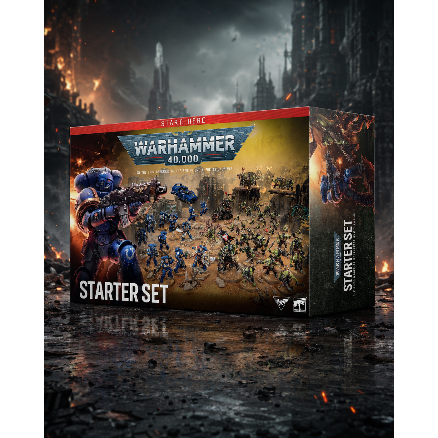 Warhammer 40,000 Starter Set box art shown prominently in the foreground, with a dramatic ruined city and fiery battlefield scene in the background. The box features blue Space Marine figures and large 'STARTER SET' text.