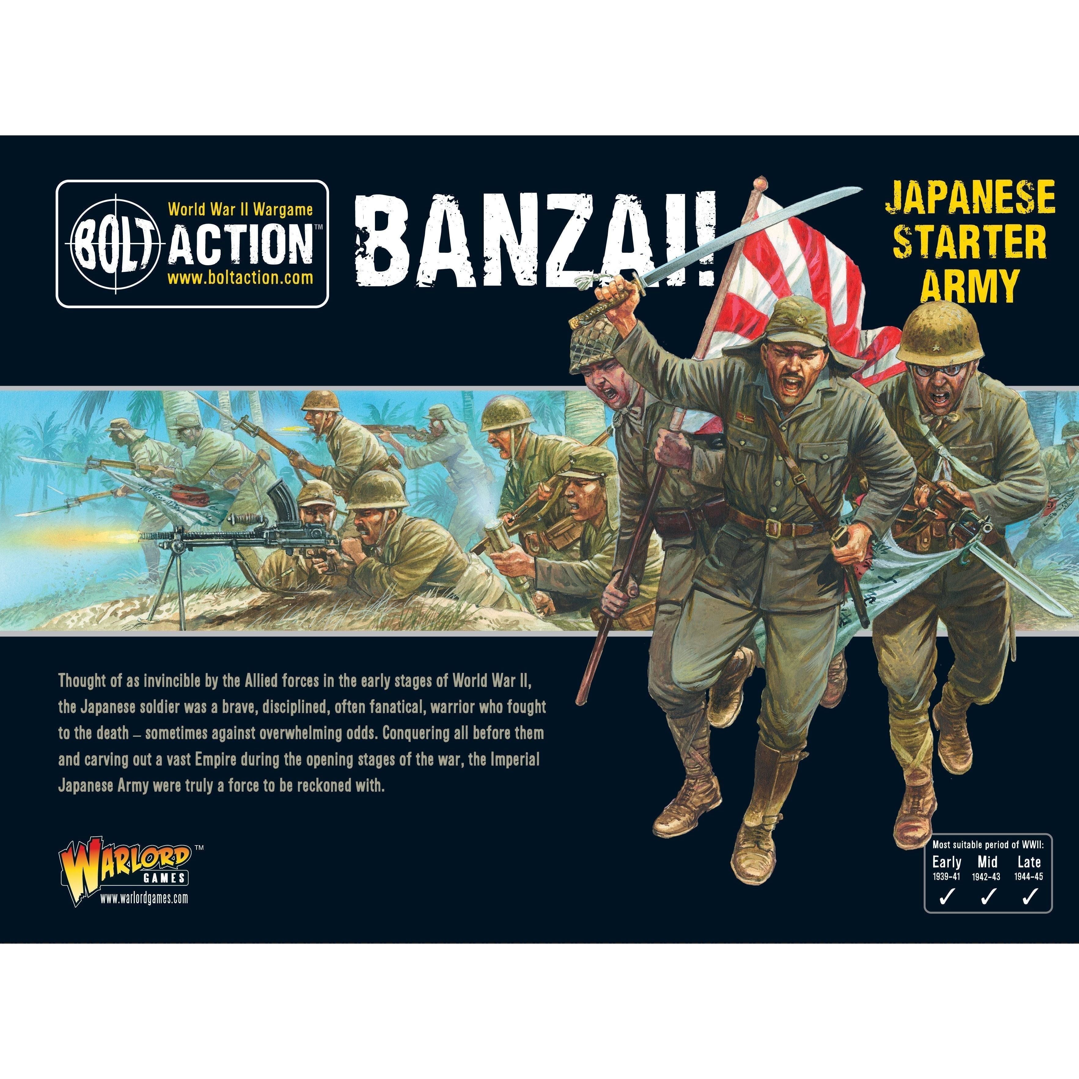 Bolt Action Banzai Japanese Starter Army boxed set featuring soldiers and flag.
