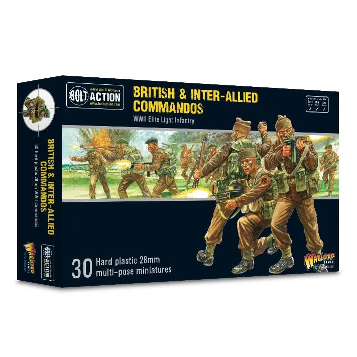 Bolt Action British & Inter-Allied Commandos WWII miniature set with box art showing commandos in action.