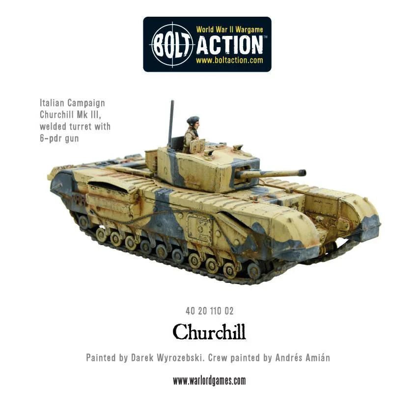 Bolt Action Churchill Tank plastic model kit with multiple turret variants, unassembled and unpainted.
