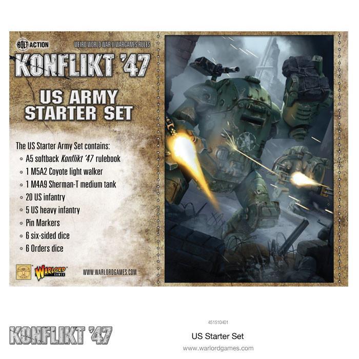 Bolt Action Konflikt '47 US Army Starter Set with rulebook, light walker, tank, infantry, and dice.