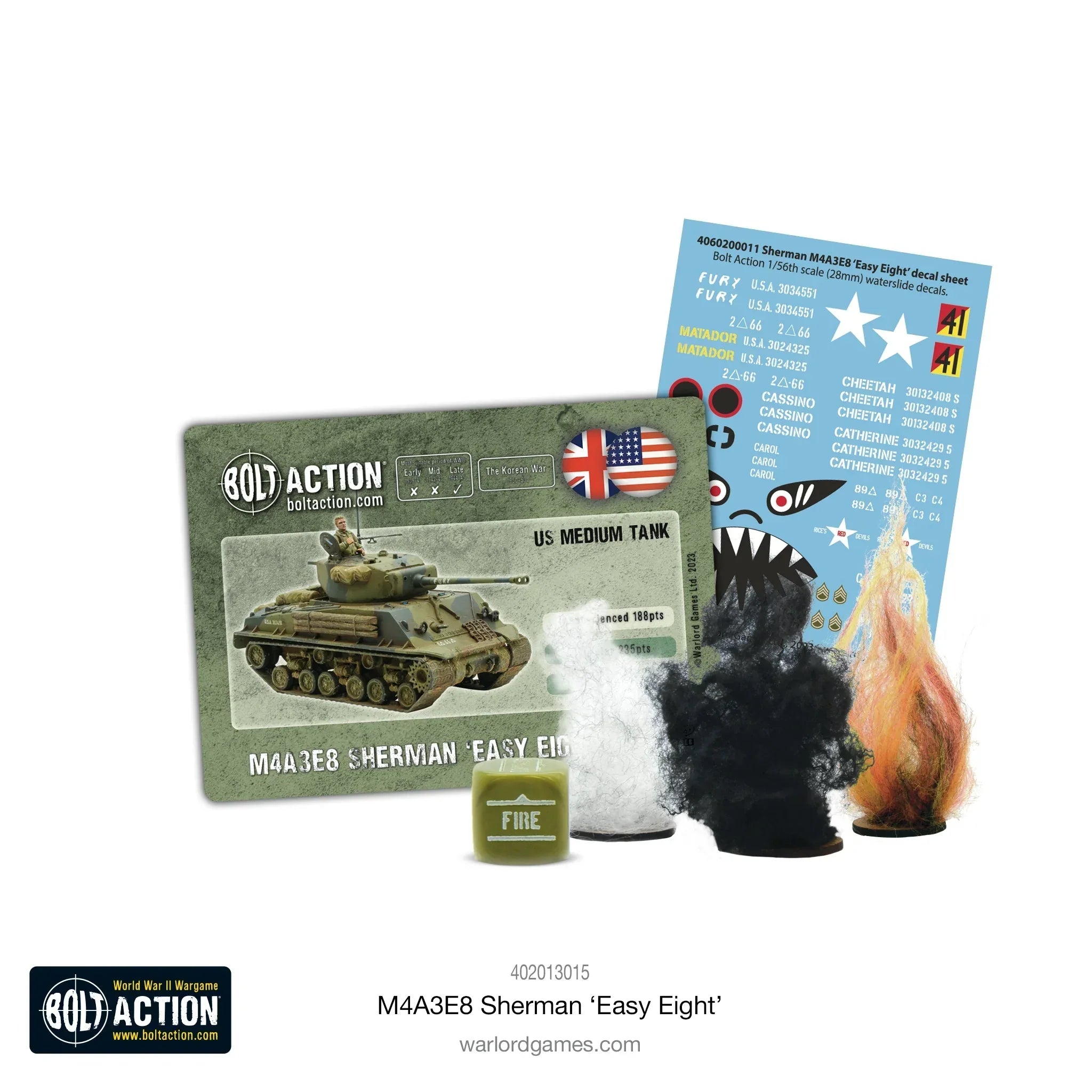 M4A3E8 Sherman Easy Eight Tank model kit with decals and accessories.