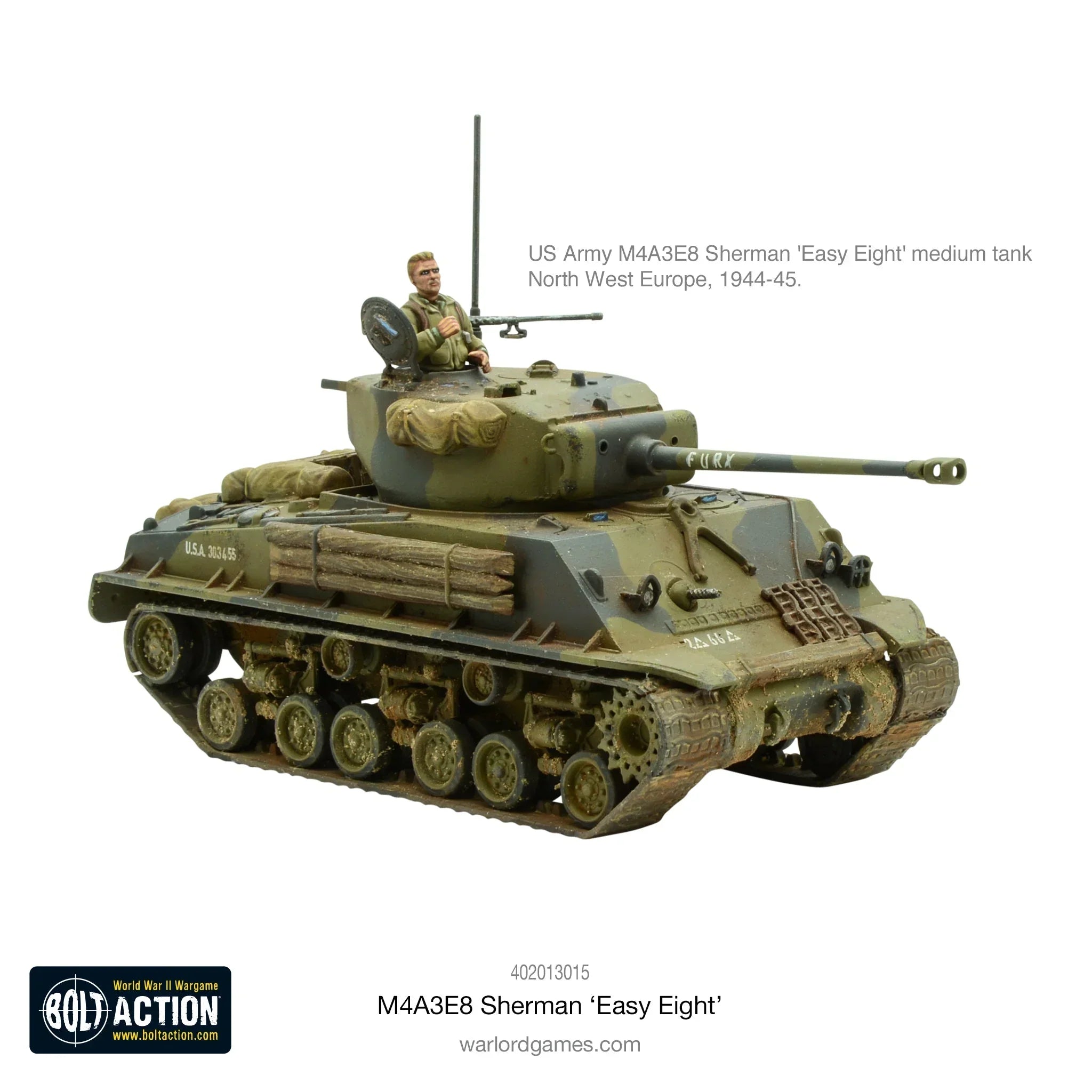 M4A3E8 Sherman Easy Eight Tank model with soldier figure, Bolt Action, side view.
